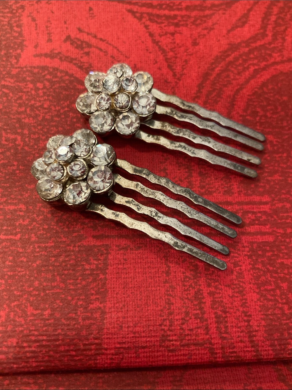 Crystal Flower Hair Combs - Clear Rhinestone Accent, Silver Tone